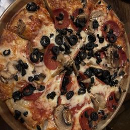 Mushroom, olive, and pepperoni pizza