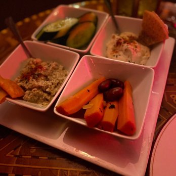 Marrakech - Sampler with Baba Ghanous, Hummus, pickled cucumbers and carrots. - Middle Eastern Near Me - Las Vegas, Nevada Marrakech - Sampler with Baba Ghanous, Hummus, pickled cucumbers and carrots. - Middle Eastern Near Me - Las Vegas, Nevada