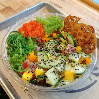 Pokeworks - BYO Poke Salad: Salad mix, ahi tuna, cucumber, mango, orange slices, masago, seaweed salad, wasabi tobiko, sesame seeds, lotus chips - Poke Near Me - Providence, Rhode Island