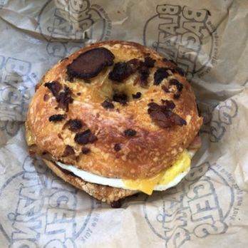 Blazing Bagels - Egg, Bacon and cheese on bacon chives bagel - Bagels Near Me - Bellevue, Washington