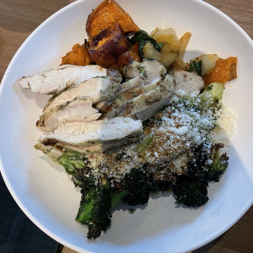 Flower Child - Chicken entree with Red Chile Glazed Sweet Potato and Roasted Broccoli - Salad Near Me - Franklin, Tennessee Flower Child - Chicken entree with Red Chile Glazed Sweet Potato and Roasted Broccoli - Salad Near Me - Franklin, Tennessee