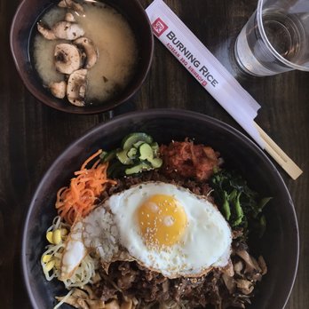 Burning Rice - Complimentary Miso, bowl with kimchi rice, spicy bulgolgi, and everything to top it off. - Korean Near Me - The Colony, Texas