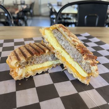 Blanco Feed Store - Breakfast panini with egg, sausage & cheese - Beer Bar Near Me - Blanco, Texas