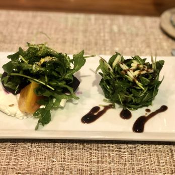 24 Carrots Catering & Events - Loved the Beet Salad on the left. Passing on the Compressed Arugula Salad although cute presentation - Caterers Near Me - Costa Mesa, California