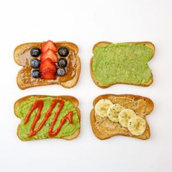 Main Squeeze Juice Co. - Almond Berry, Peanut Butter Banana, Spicy and Regular Avocado Toast on vegan, gluten-free bread!
