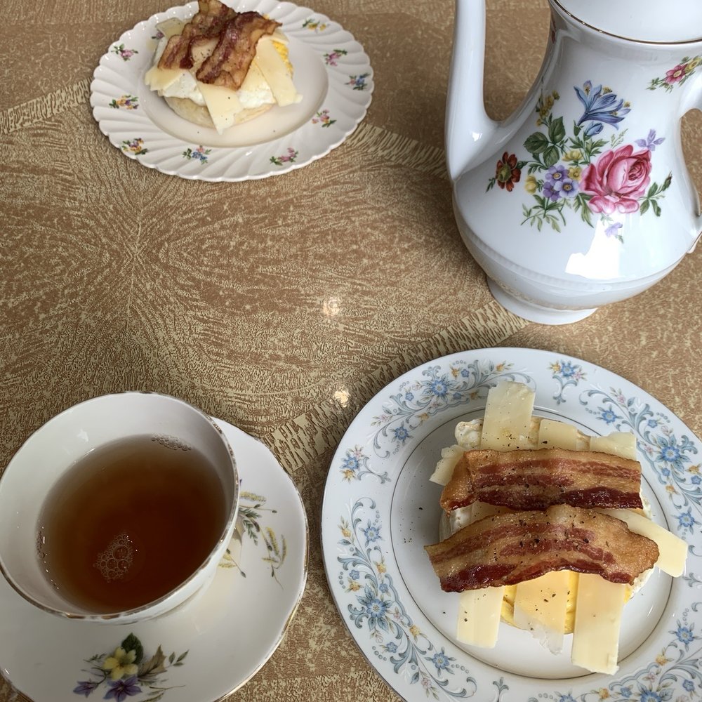 CRUMPETS - Fried egg, bacon, and cheddar crumpets with pot of tea - Cafes Near Me - Rochester, New York