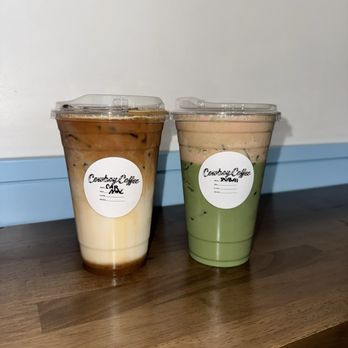 Caffeinated Cowboy - Caramel macchiato (left) & Dubai Matcha latte (right) - Coffee & Tea Near Me - Santa Rosa, California