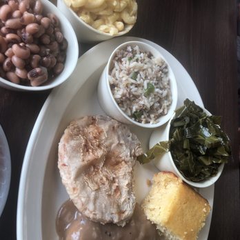 Mr A Ok's Kitchen - Fried and smothered pork chops, black eyed peas, macaroni and cheese, dirty rice and greens. - Soul Food Near Me - San Antonio, Texas