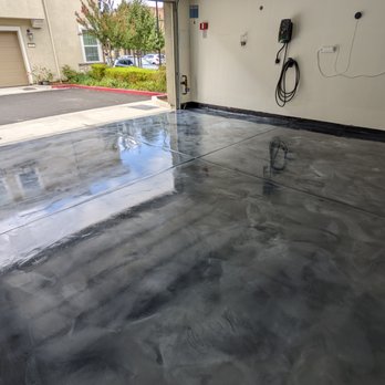 Epic Concrete Coatings - Finished epoxy + polyaspartic orange peel top coat. It does look pretty! 2 parts white, 2 parts silver, 2 parts black - Flooring Near Me Epic Concrete Coatings - Finished epoxy + polyaspartic orange peel top coat. It does look pretty! 2 parts white, 2 parts silver, 2 parts black - Flooring Near Me