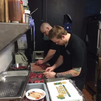St. Thomas Roadhouse - Scott and Bob prepping our 8 oz. bacon-wrapped filets for our feature steak all weekend! - Steakhouses Near Me - St Thomas, Ontario St. Thomas Roadhouse - Scott and Bob prepping our 8 oz. bacon-wrapped filets for our feature steak all weekend! - Steakhouses Near Me - St Thomas, Ontario
