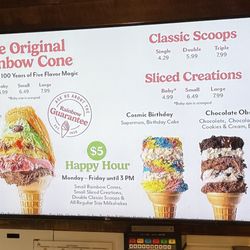 Menu circa Aug 2026.  Baby size scooped cone now at $4.99. Still 5 flavors but not in slabs.  Small now at $6.49.