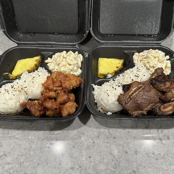 Mokis Hawaiian Grill - Garlic chicken on the left and Kalbi ribs on the right - Hawaiian Near Me - Mesa, Arizona Mokis Hawaiian Grill - Garlic chicken on the left and Kalbi ribs on the right - Hawaiian Near Me - Mesa, Arizona