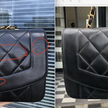 Leather Surgeons - Right image is the before photo. Left image (after spa service) creasing is much more obvious and it even has a new scratch near bottom. - Leather Goods Near Me Leather Surgeons - Right image is the before photo. Left image (after spa service) creasing is much more obvious and it even has a new scratch near bottom. - Leather Goods Near Me