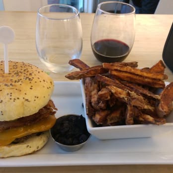 Nuburger - Bacon cheeseburger with blueberry BBQ sauce instead of mayo and a side of yam fries. - Burgers Near Me - Winnipeg, Manitoba
