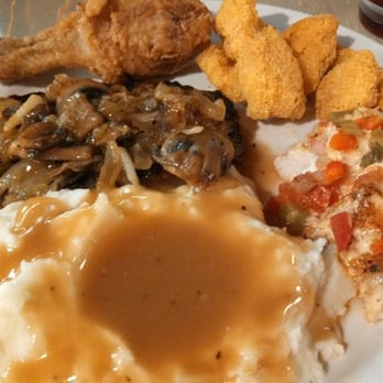 Steer Inn Restaurant - Mashed potatoes, salisbury steak smothered in onions and mushrooms, fried drumstick, fish nuggets and AMAZING Blackened Catfish! - American Near Me - Mannford, Oklahoma Steer Inn Restaurant - Mashed potatoes, salisbury steak smothered in onions and mushrooms, fried drumstick, fish nuggets and AMAZING Blackened Catfish! - American Near Me - Mannford, Oklahoma