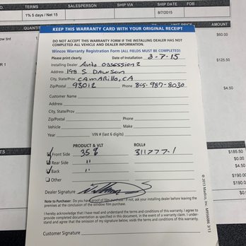 Auto Obsessionz - Signed and dated warranty - Car Window Tinting Near Me - Camarillo, California