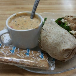 Whole wheat grilled chicken wrap with thai peanut sauce. Whole wheat grilled chicken wrap with thai peanut sauce.