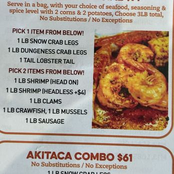 Akitaca Crab - *   Menu showing seafood boil combos and pricing - Seafood Near Me - Modesto, California
