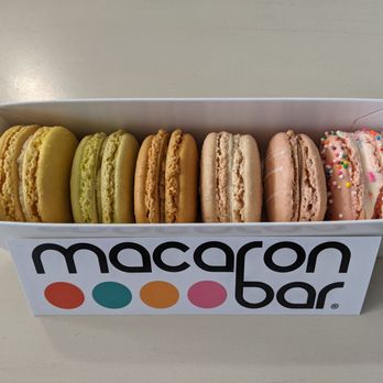Macaron Bar - 6-pack macarons Left to right: lemon-lavender, pistachio, salted caramel, vanilla, cinnamon roll, birthday cake - Macarons Near Me - Indianapolis, Indiana
