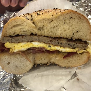 O'bagel & Deli - Sausage, bacon egg and cheese on an everything bagel - Bagels Near Me - Basking Ridge, New Jersey O'bagel & Deli - Sausage, bacon egg and cheese on an everything bagel - Bagels Near Me - Basking Ridge, New Jersey