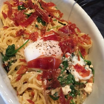 Mercato West - Spaghetti with arugula, pancetta, ricotta and a soft egg. Wish I did a yolk ooze shot, but that would have been too mean - Italian Near Me - Calgary, Alberta