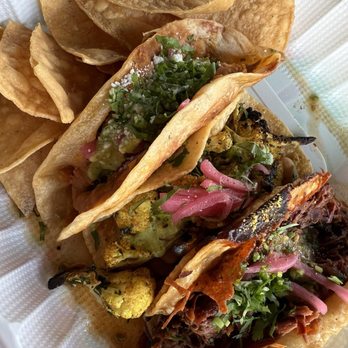 Saucy Chick Indi-Mex Eatery - 3 tacos! Pibil chicken, birria and charred cauliflower. - Indian Near Me - Pasadena, California Saucy Chick Indi-Mex Eatery - 3 tacos! Pibil chicken, birria and charred cauliflower. - Indian Near Me - Pasadena, California
