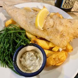 The Architect - Fish and chips, cod with jerk spiced batter and buttered samphire