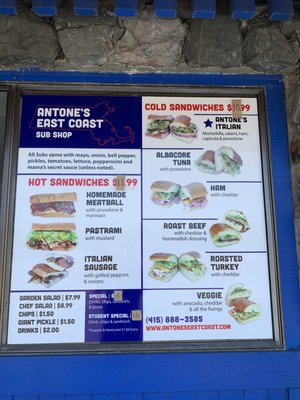 Menu photo 1 Antone's East Coast Sub Shop Mill Valley, CA Menu photo 1 Antone's East Coast Sub Shop Mill Valley, CA