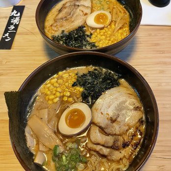 Kyuramen - Flushing - Top is ##6. Kyushu Spicy Tonkotsu Ramen. Bottom is ##1. Tokyo Tonkatsu Shoyu Ramen with black garlic. - Ramen Near Me - Flushing, New York