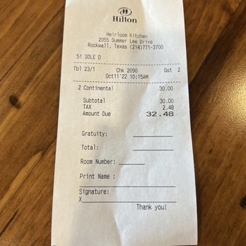 Heirloom Kitchen - Our bill. Covered by our tier perks $30. With tip we paid $8.48 ($6 tip) - American Near Me - Rockwall, Texas