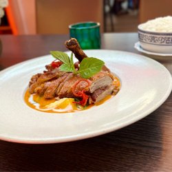Chang - Crispy Duck with pineapple, aubergine curry with coconut milk and fragrant rice