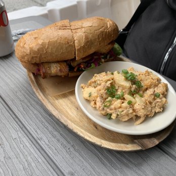 Dooby's - Pork belly sandwich with kimchi potato salad - Coffee & Tea Near Me - Baltimore, Maryland Dooby's - Pork belly sandwich with kimchi potato salad - Coffee & Tea Near Me - Baltimore, Maryland