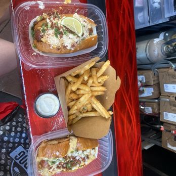 Dirt Dog - Elote dog, garlic fires, and chili dog - Hot Dogs Near Me - Las Vegas, Nevada Dirt Dog - Elote dog, garlic fires, and chili dog - Hot Dogs Near Me - Las Vegas, Nevada