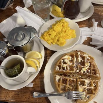 Original Pancake House - Pecan waffle, scrambled eggs with pepper jack cheese and hot tea - Breakfast & Brunch Near Me - Southfield, Michigan