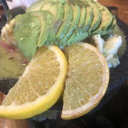 Shrimp, sliced oranges, avocado.
