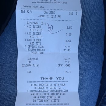 Bad Daddy's Burger Bar - Receipt - Bars Near Me - Roswell, Georgia Bad Daddy's Burger Bar - Receipt - Bars Near Me - Roswell, Georgia