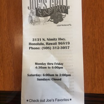 Joe's Grill Express - The cashier gave us a take out menu because husband said it was our first time there! So nice! - American Near Me - Honolulu, Hawaii Joe's Grill Express - The cashier gave us a take out menu because husband said it was our first time there! So nice! - American Near Me - Honolulu, Hawaii