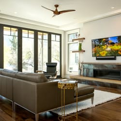 The Boulder Home Theater Company - Family room features Samsung 4K video, SONOS 5.1 channel surround, Lutron lighting control, and RTI home automation.