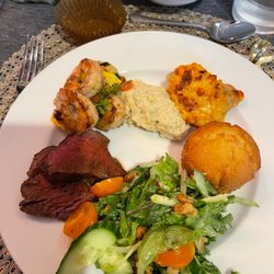 Chef Aram - Coastal chic beef tenderloin, grouper, grits, corn bread , salad and shrimp