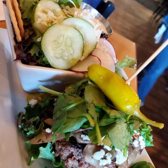 Hops Burger Bar - College hill blues burger with side salad - Burgers Near Me - Greensboro, North Carolina Hops Burger Bar - College hill blues burger with side salad - Burgers Near Me - Greensboro, North Carolina