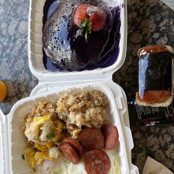 Honolua Store - Island breakfast with Portuguese sausage and garlic fried rice; ube pancakes; spam musubi - Coffee & Tea Near Me - Lahaina, Hawaii