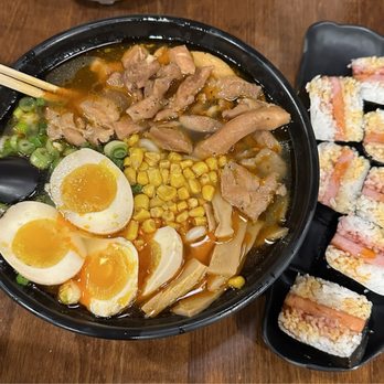 Ten Gu Ramen - Spicy Chicken Ramen with udon noodles and spam musubi - Ramen Near Me - Bakersfield, California Ten Gu Ramen - Spicy Chicken Ramen with udon noodles and spam musubi - Ramen Near Me - Bakersfield, California