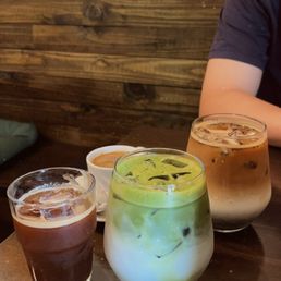 matcha latte, black sesame latte, iced and hot espresso matcha latte, black sesame latte, iced and hot espresso