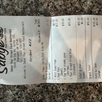 Sabye - Receipt from takeout - Thai Near Me - Sherwood, Oregon