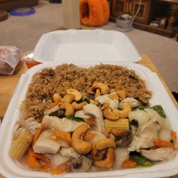 Mui's Carryout - Cashew chicken dinner special (not pictured: egg roll with duck sauce). Huge and I could've made this into 2 portions.