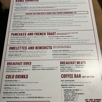 Range Cafe - Menu displays breakfast pastries, range favorites, pancakes, French toast, omelettes, breakfast sides, cold drinks, coffee bar, and mimosa flights. Items include chocolate ganache, cinnamon rolls, breakfast burritos, various omelettes, French toast varieties, and beverages like espresso, latte, and mimosa flights. Prices and portion sizes are listed, with options for customization and additional toppings or syrups. - Breakfast & Brunch Near Me - Albuquerque, New Mexico
