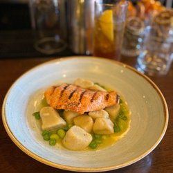 The Oxley - Grilled Atlantic salmon with Yukon dumplings & peas