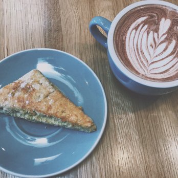 Little Bear Coffee - Green chile cheese scone and hot chocolate up close - Coffee & Tea Near Me - Albuquerque, New Mexico