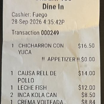 Peruvian Fuego - Receipt - Peruvian Near Me - Palm Springs, California
