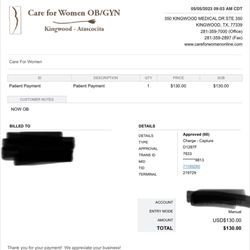 Care For Women Ob/Gyn Atascocita - Receipt from my first time back.